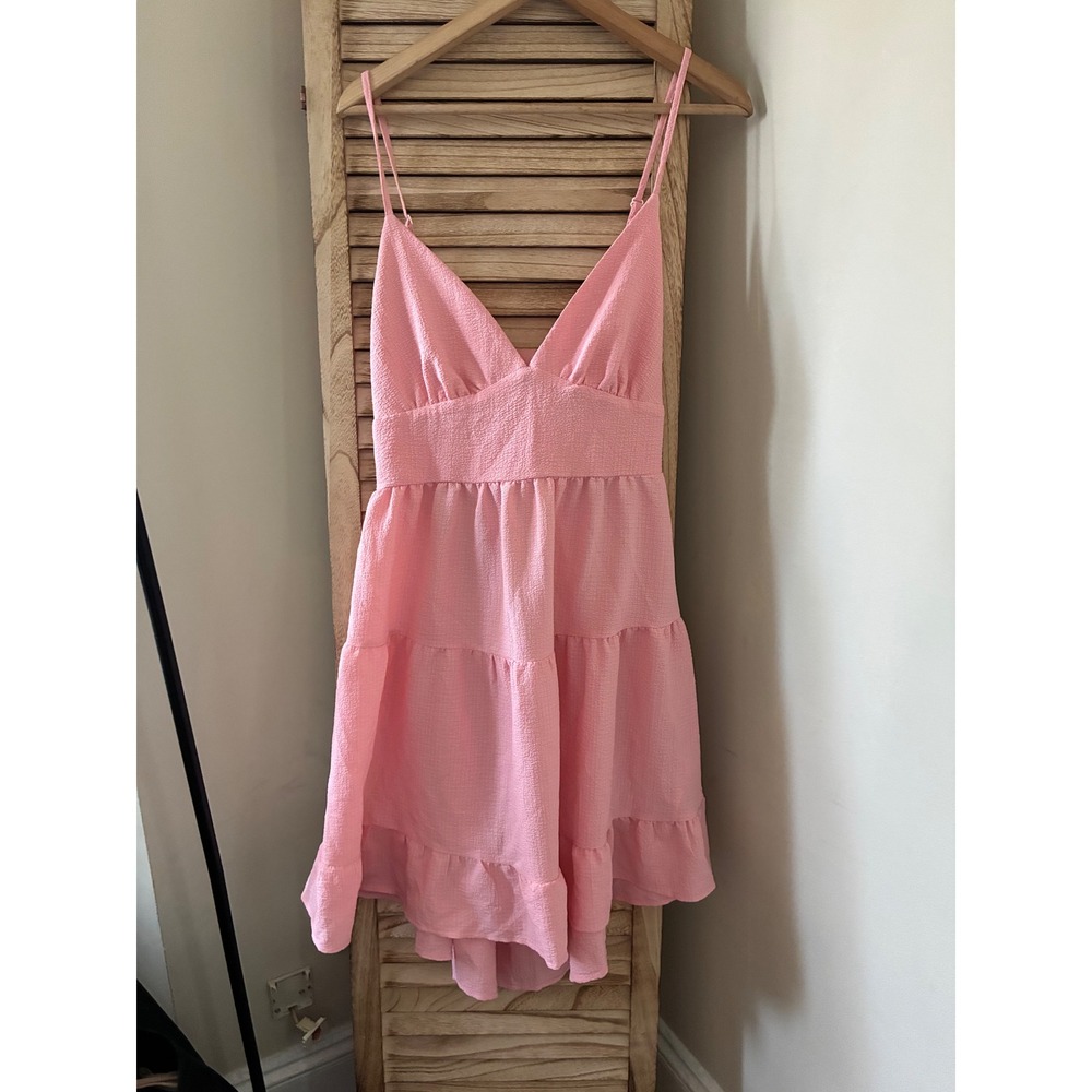 Pink Babydoll Tiered Mini Dress V-Neck Tie Back Cutout Ruffle Hem Sun Dress L